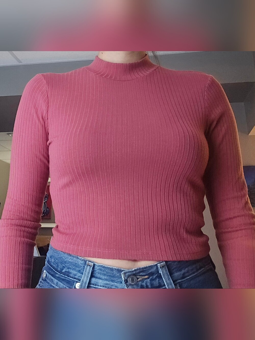 Forever 21 Red Ribbed Crop Top Long Sleeve